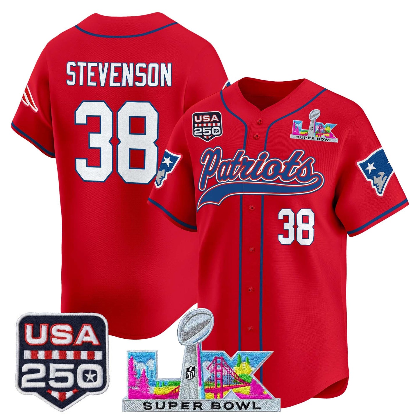 New England Patriots "Super Bowl LX & United States 250th Anniversary Patch" Vapor Baseball Jersey - Stitched