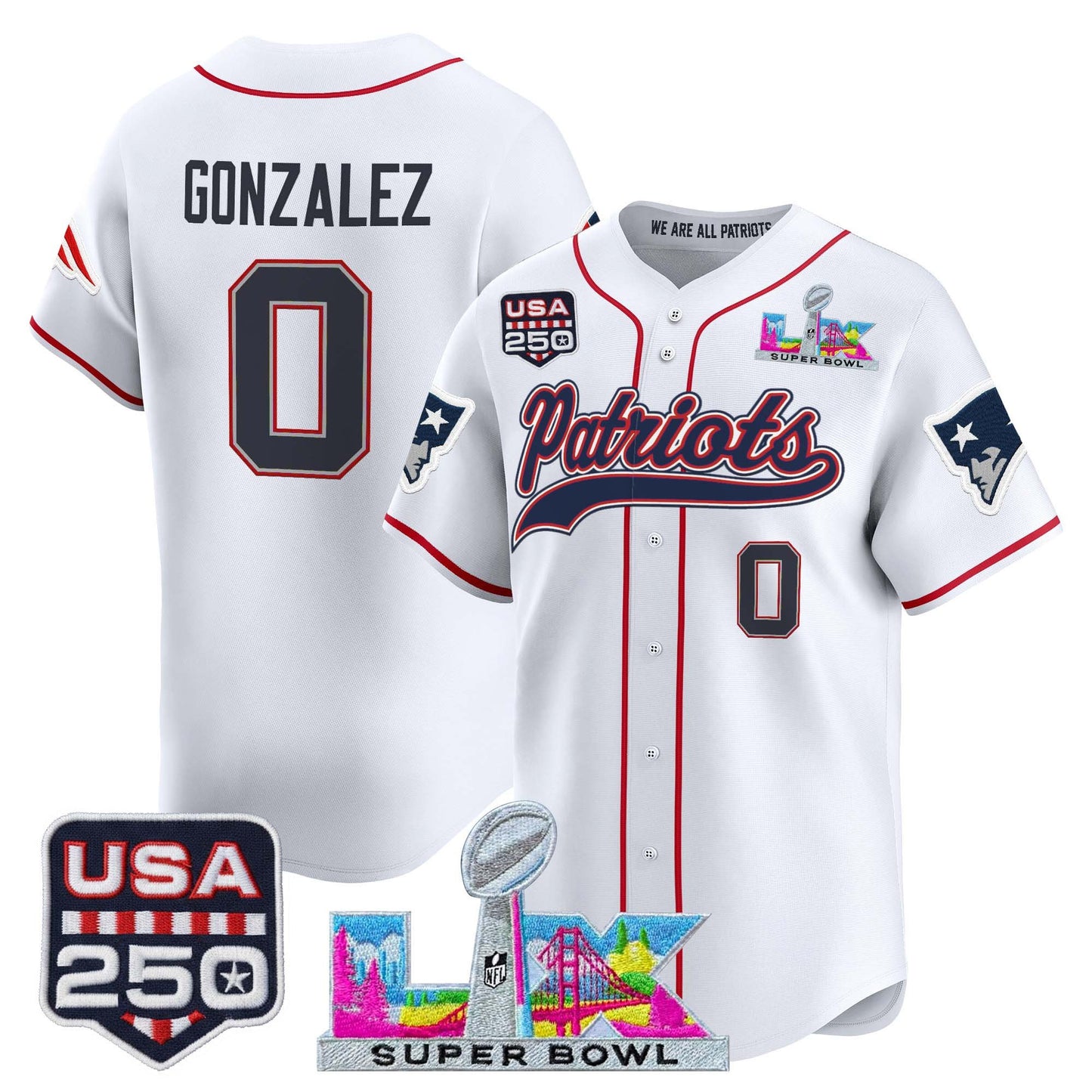 New England Patriots "Super Bowl LX & United States 250th Anniversary Patch" Vapor Baseball Jersey - Stitched