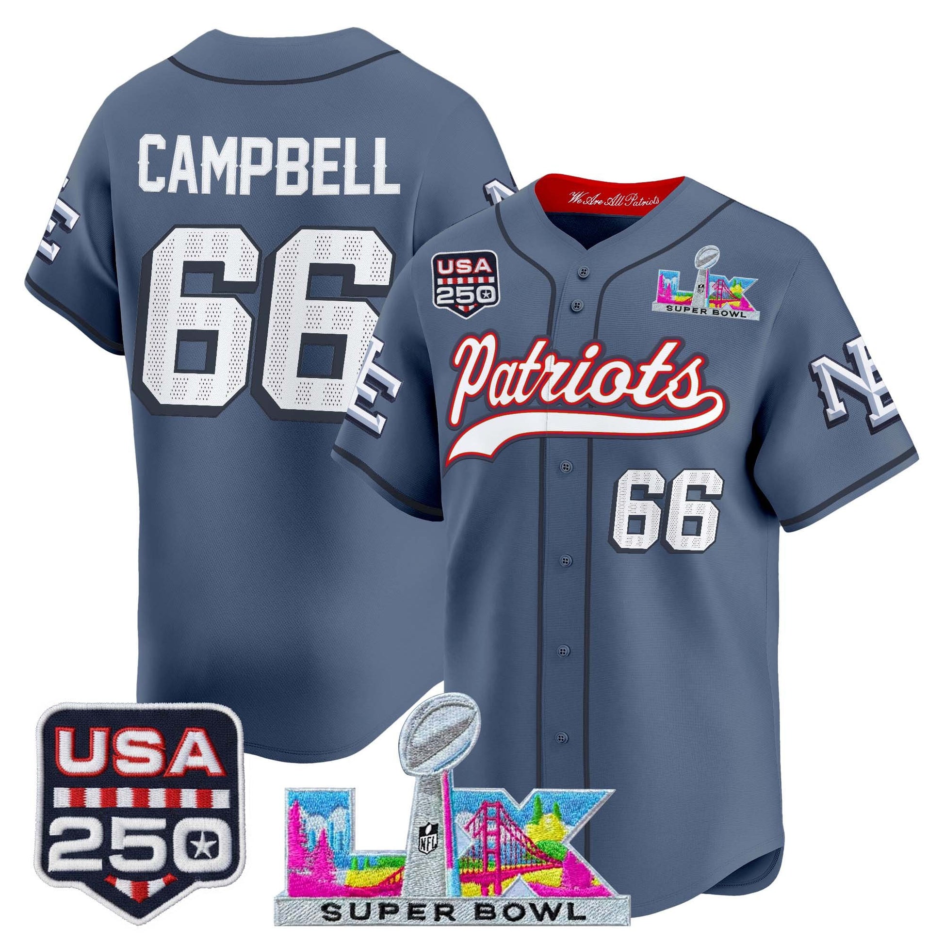 New England Patriots "Super Bowl LX & United States 250th Anniversary Patch" Vapor Baseball Jersey - Stitched