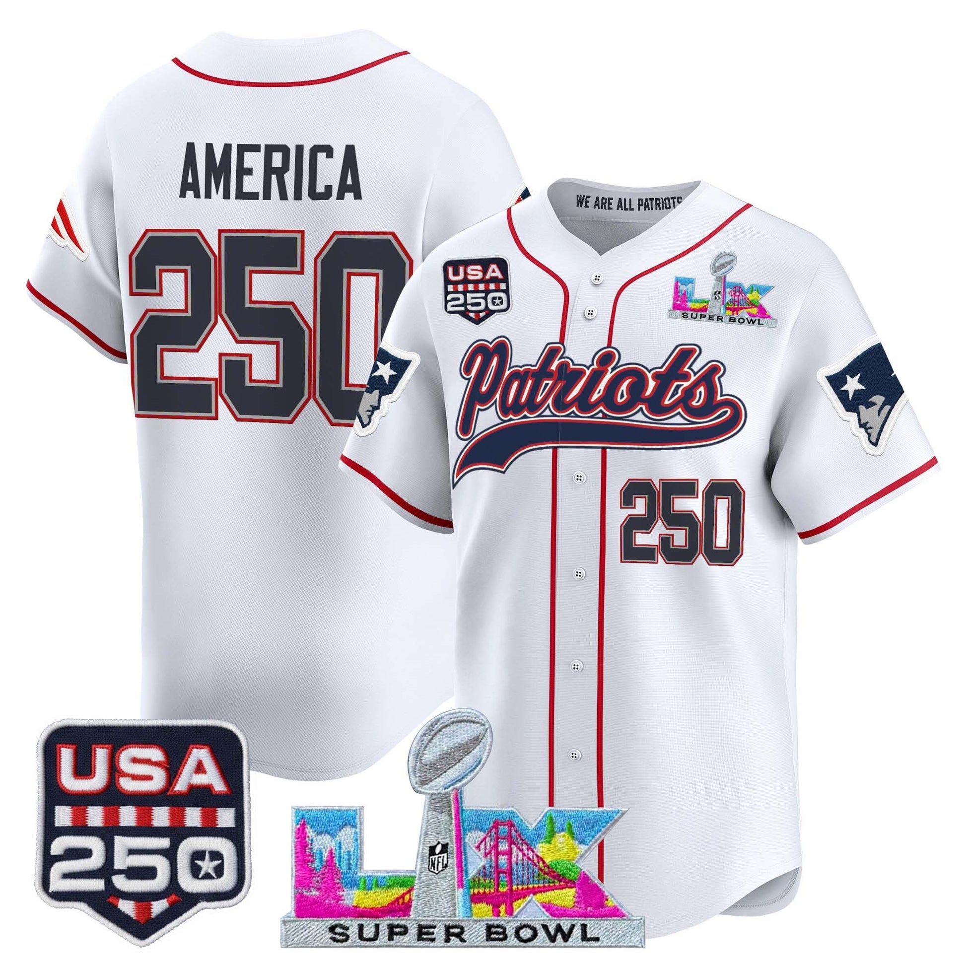 New England Patriots "Super Bowl LX & United States 250th Anniversary Patch" Vapor Baseball Jersey - Stitched