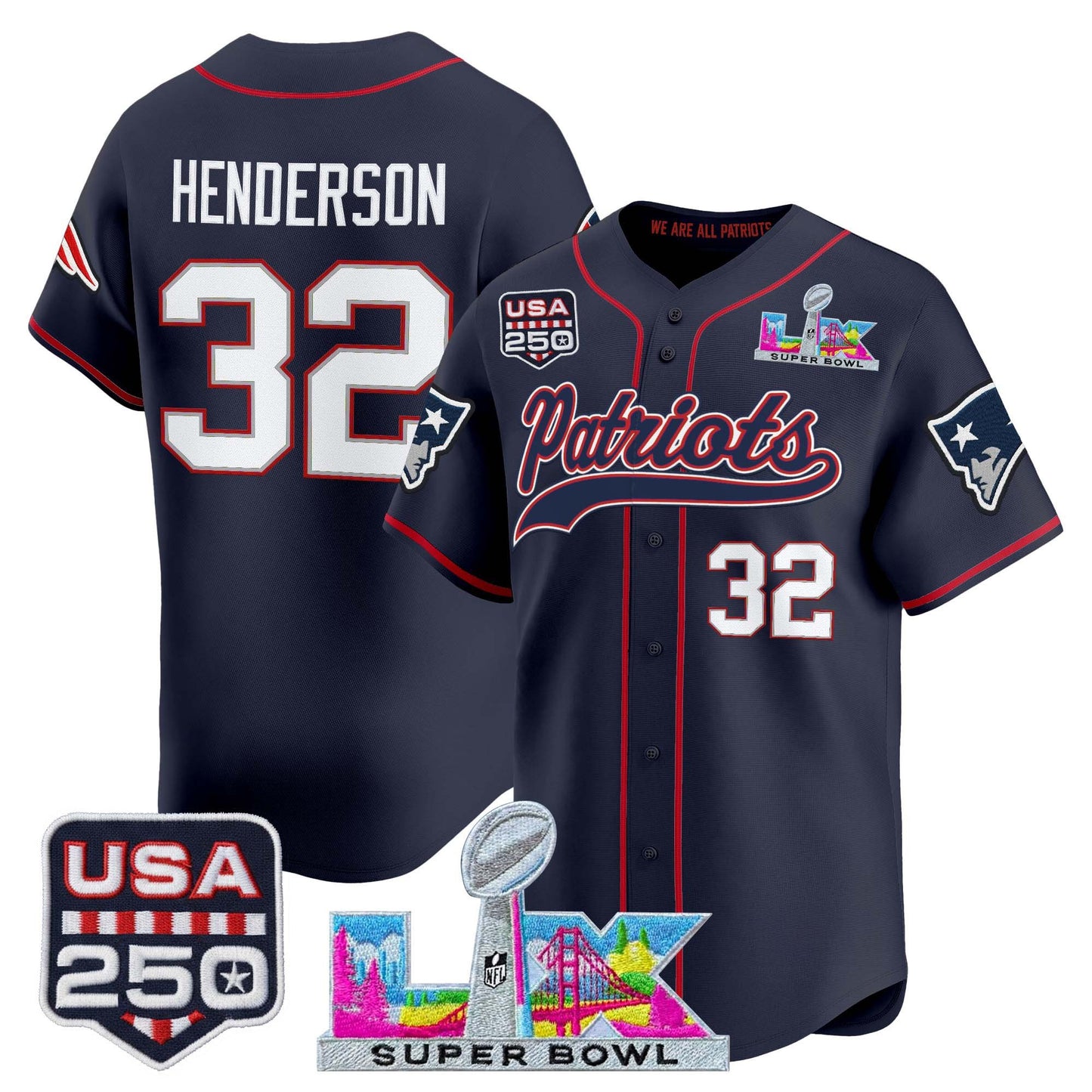 New England Patriots "Super Bowl LX & United States 250th Anniversary Patch" Vapor Baseball Jersey - Stitched