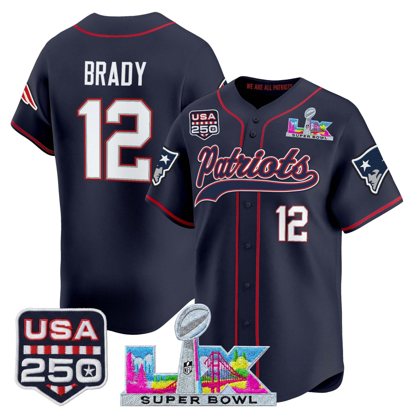 New England Patriots "Super Bowl LX & United States 250th Anniversary Patch" Vapor Baseball Jersey - Stitched