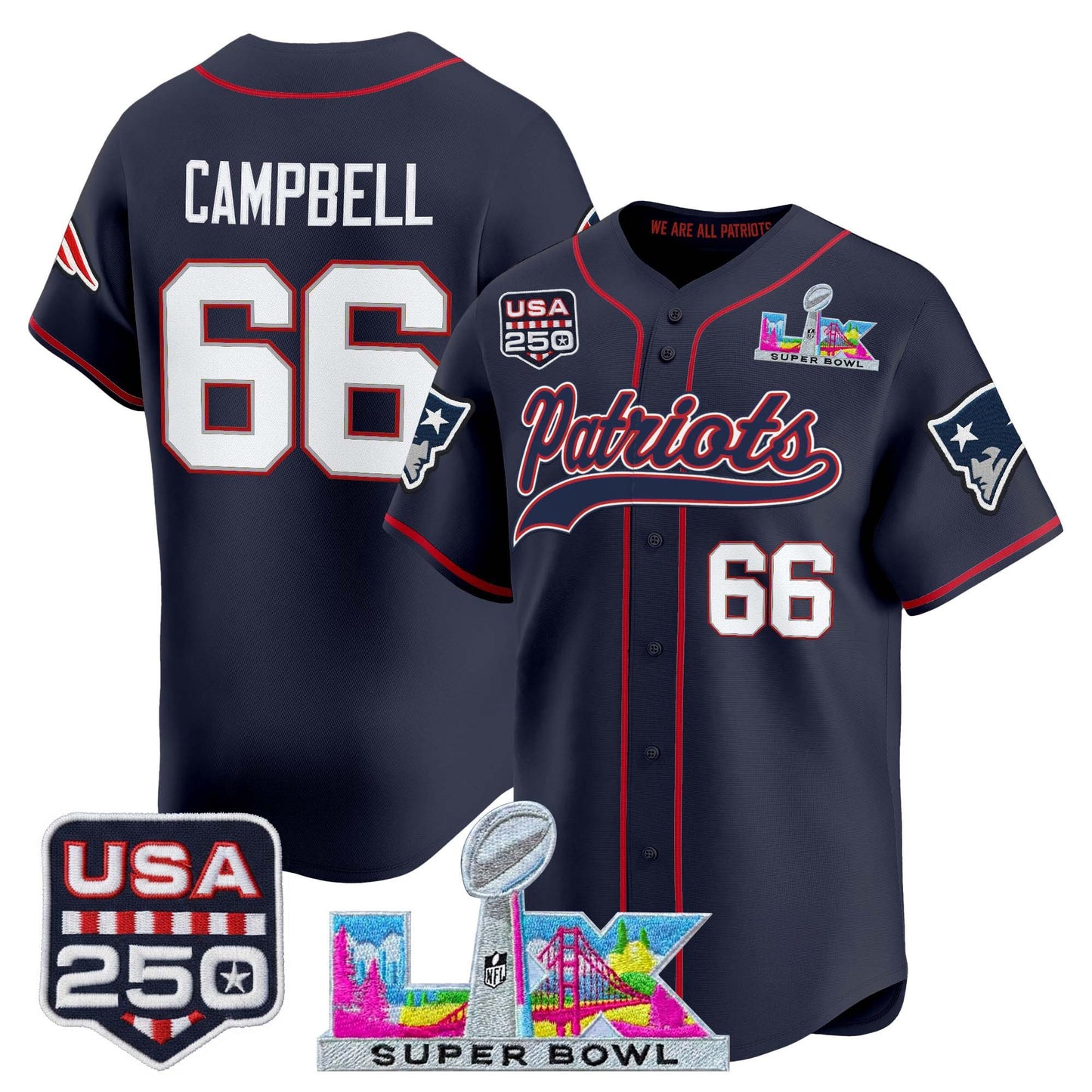 New England Patriots "Super Bowl LX & United States 250th Anniversary Patch" Vapor Baseball Jersey - Stitched