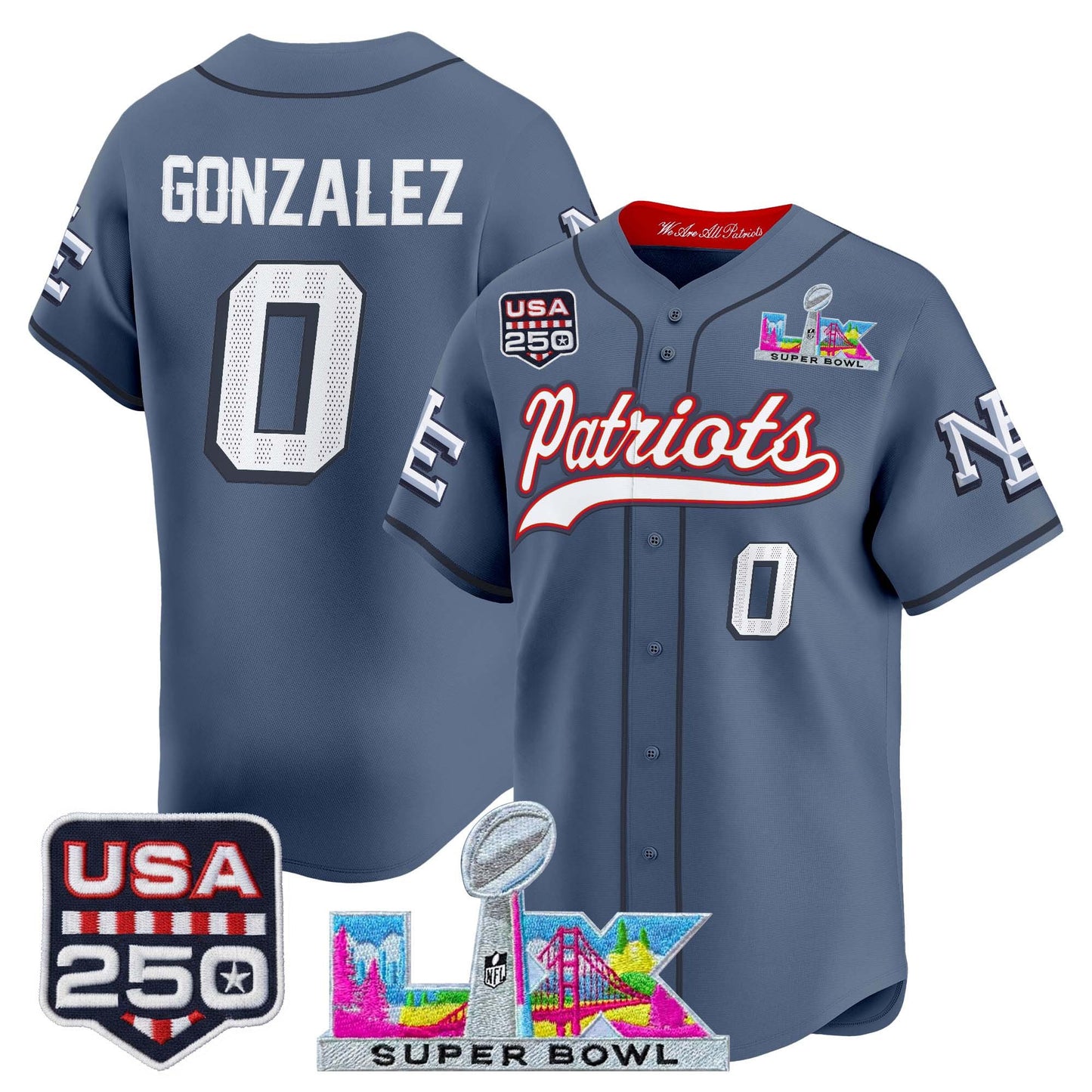 New England Patriots "Super Bowl LX & United States 250th Anniversary Patch" Vapor Baseball Jersey - Stitched