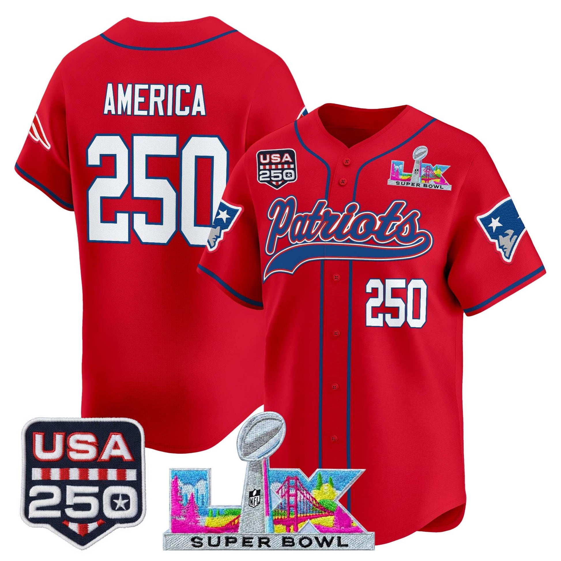 New England Patriots "Super Bowl LX & United States 250th Anniversary Patch" Vapor Baseball Jersey - Stitched