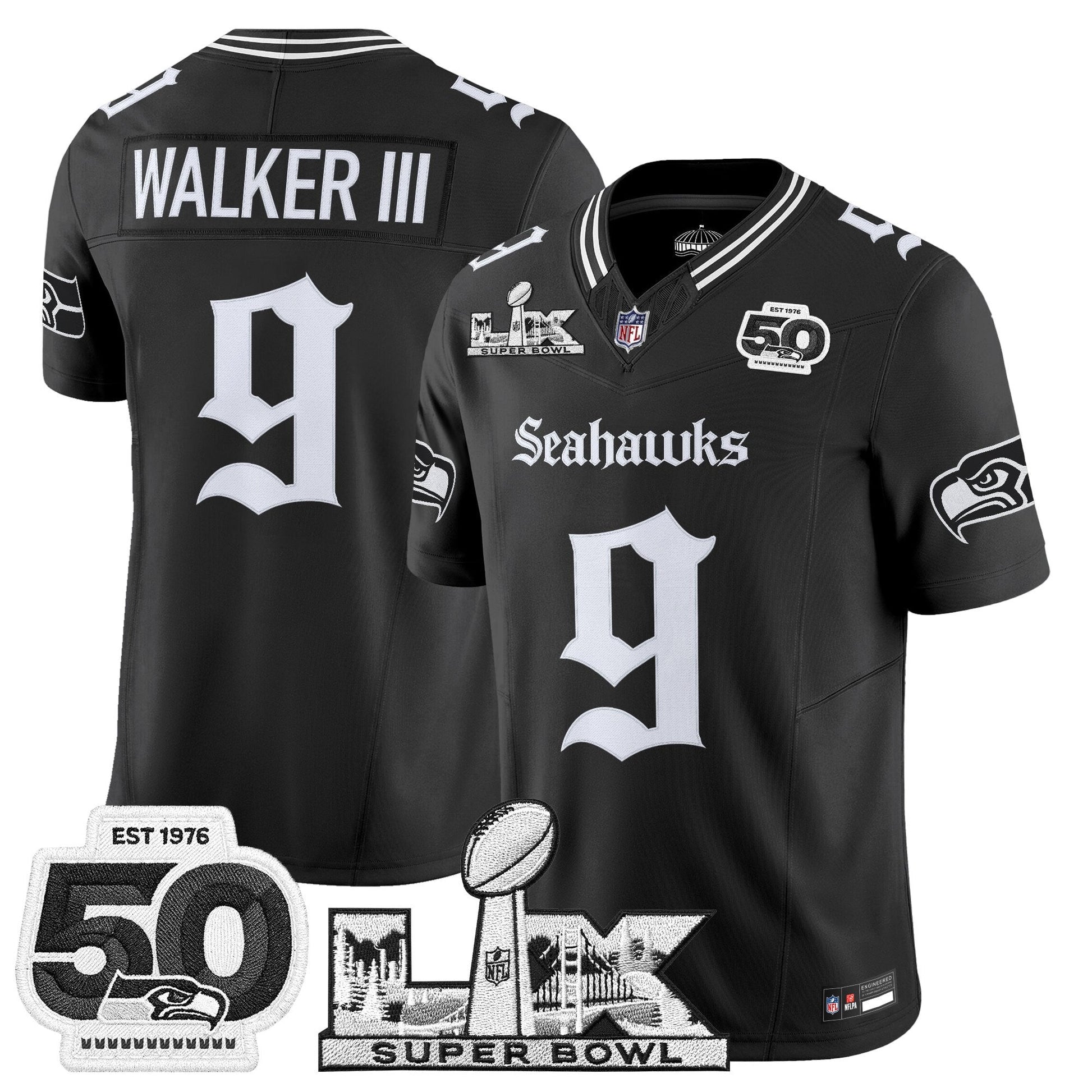 Men's Seattle Seahawks "Super Bowl LX & 50th Patch" Vapor Limited Jersey - Gothic Edition - All Stitched