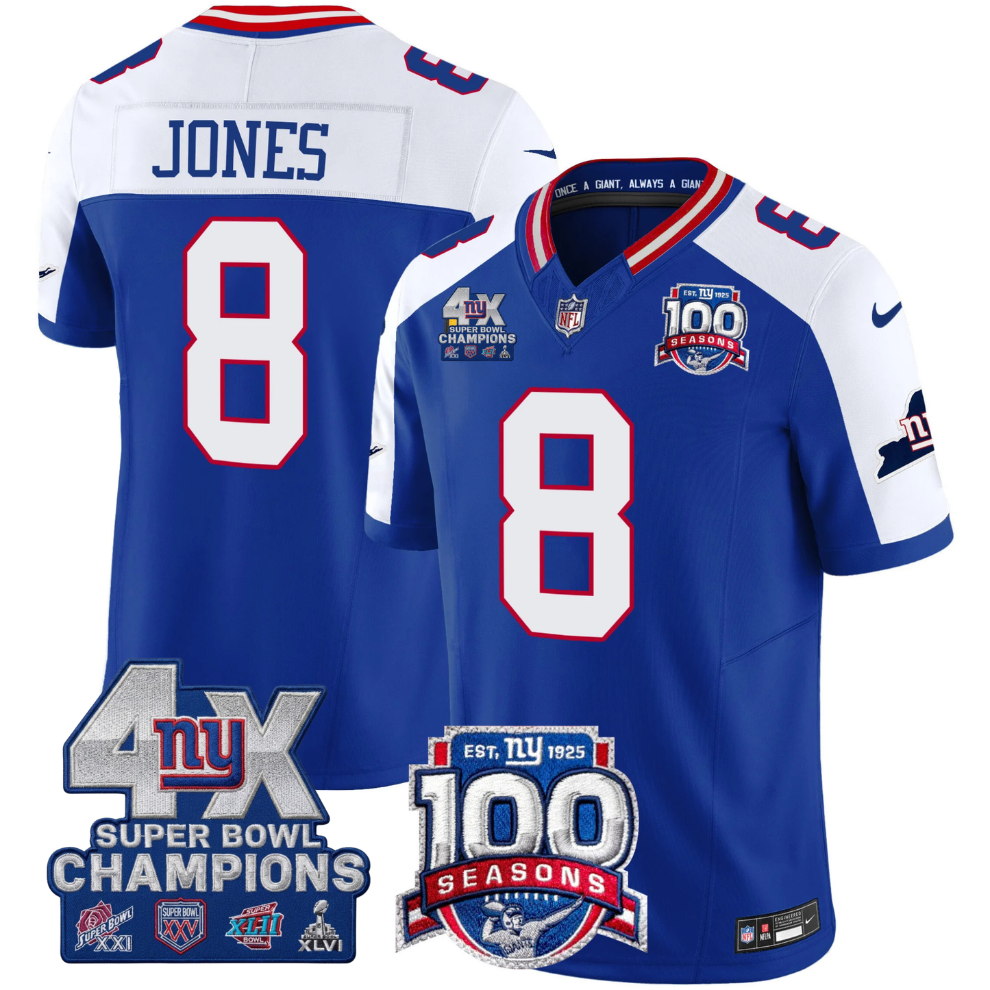 New York Giants 4X Champions & 100th Season Patch Vapor Limited Jersey - All Stitched