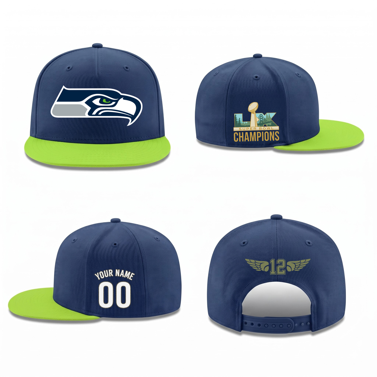 SEA Super Bowl Champions Personalized Snapback Cap - Printed V5