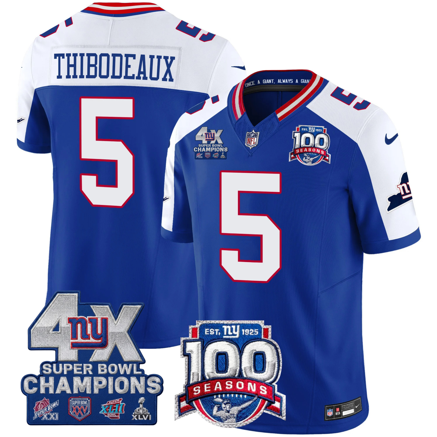 New York Giants 4X Champions & 100th Season Patch Vapor Limited Jersey - All Stitched