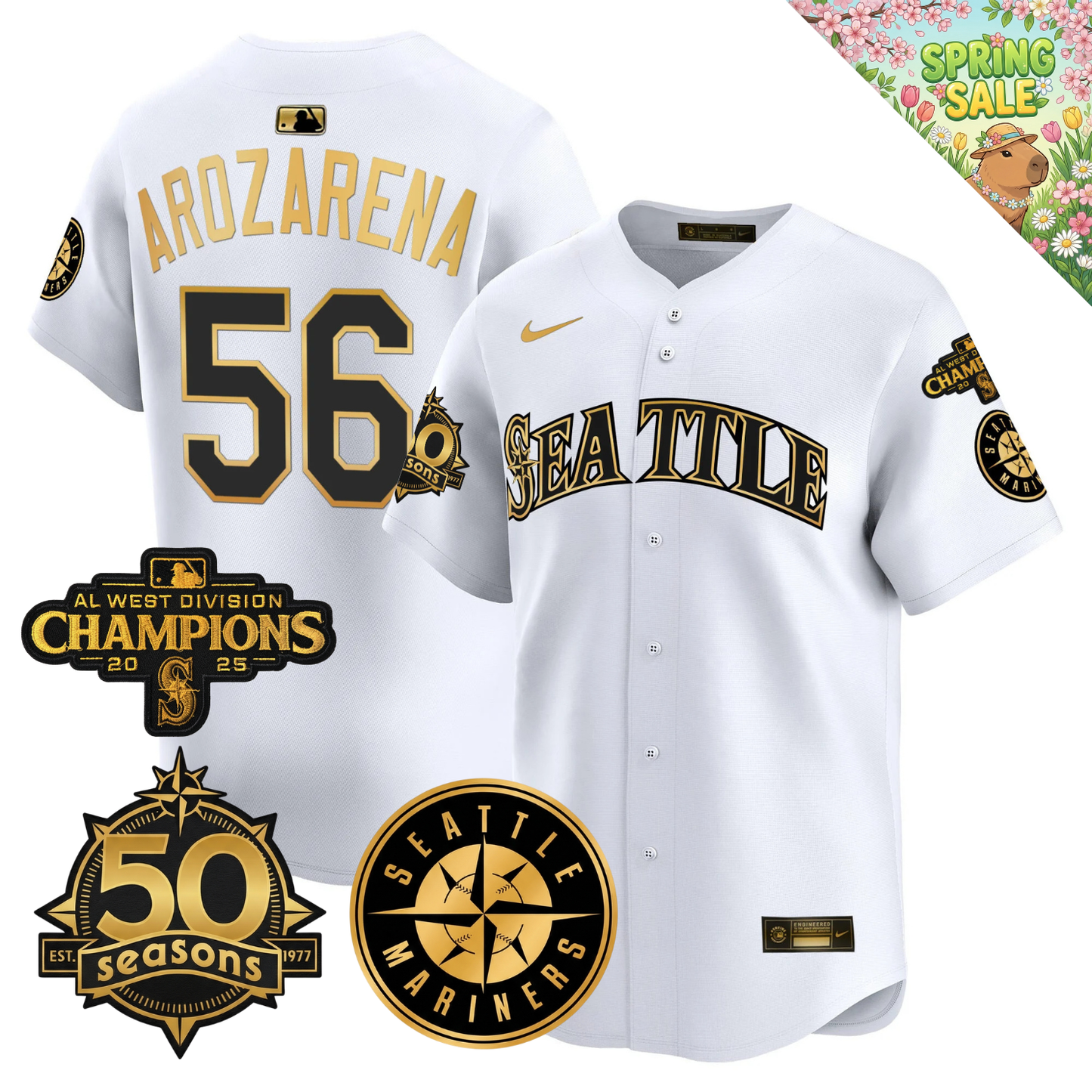 SEA Vapor Limited Gold Jersey - 50th Anniversary & 2025 AL West Champs Patch - All Stitched