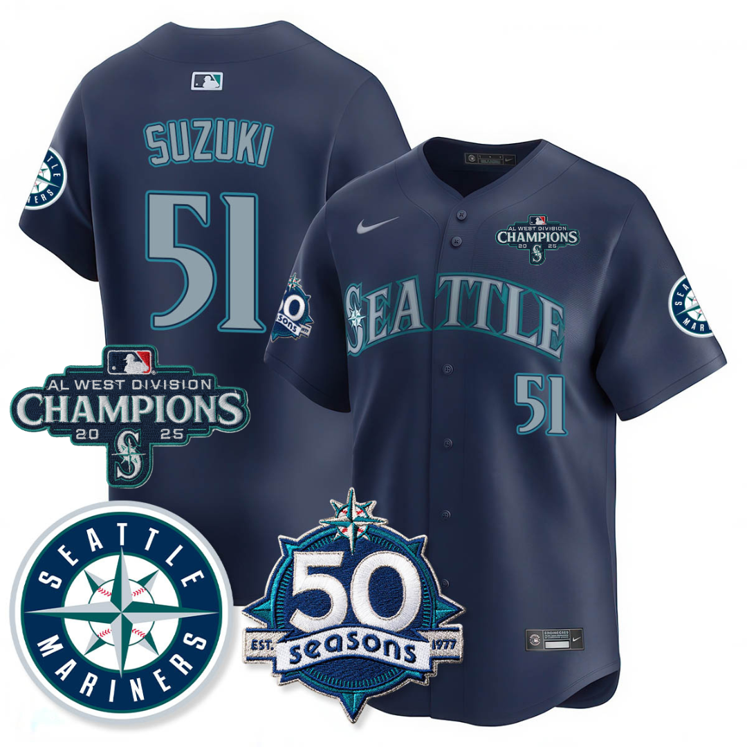 SEA Vapor Premier Limited Jersey - 50th Anniversary & AL West Division Champions - All Stitched Navy / Ichiro Suzuki