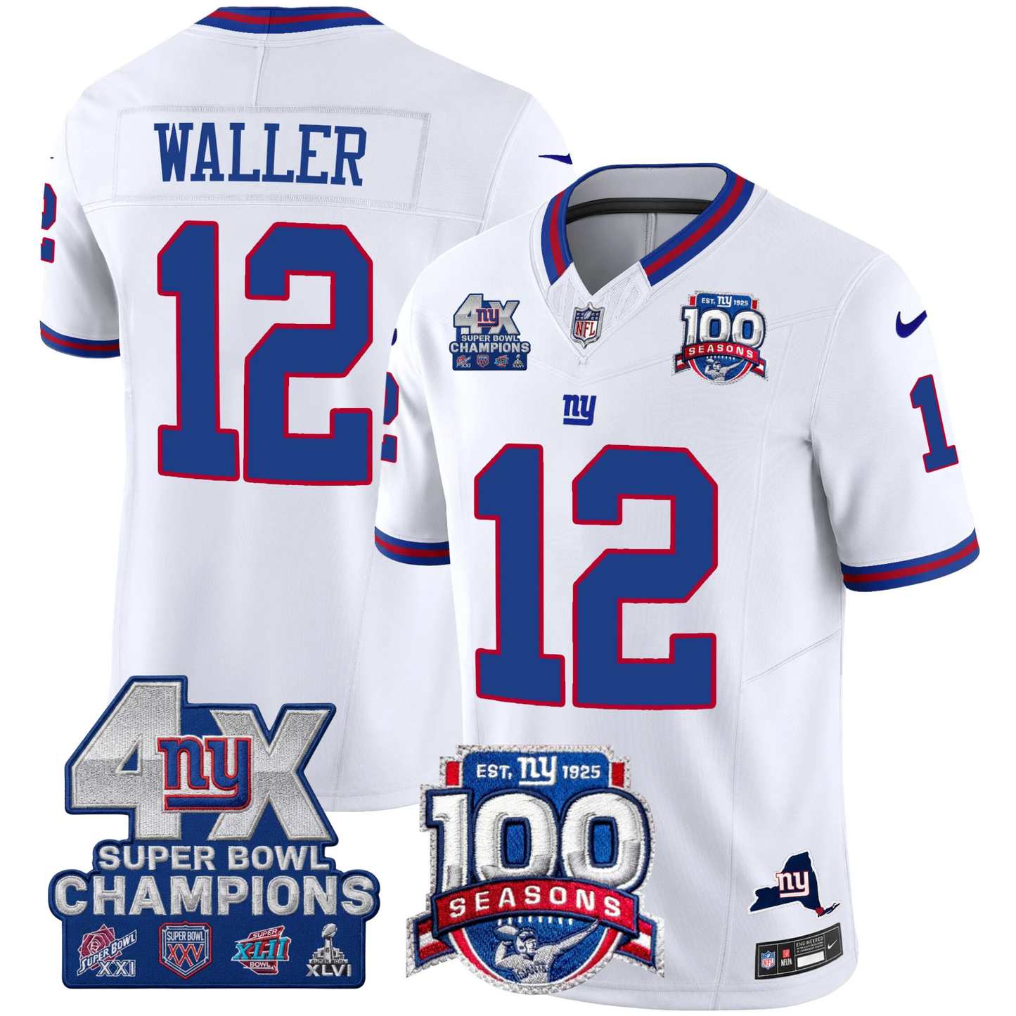 New York Giants 4X Champions & 100th Season Patch Vapor Limited Jersey - All Stitched