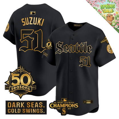 SEA Vapor Limited Gold Jersey - 50th Anniversary & 2025 AL West Champs Patch - All Stitched
