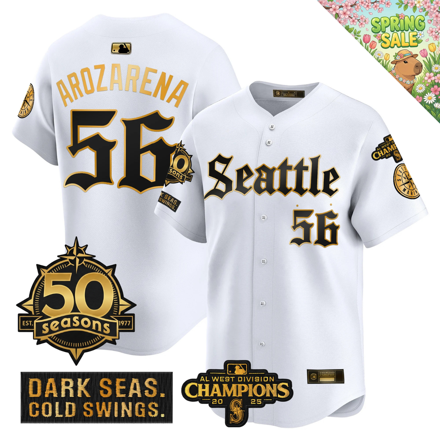 SEA Vapor Limited Gold Jersey - 50th Anniversary & 2025 AL West Champs Patch - All Stitched