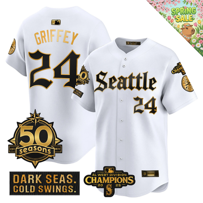 SEA Vapor Limited Gold Jersey - 50th Anniversary & 2025 AL West Champs Patch - All Stitched