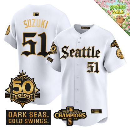 SEA Vapor Limited Gold Jersey - 50th Anniversary & 2025 AL West Champs Patch - All Stitched