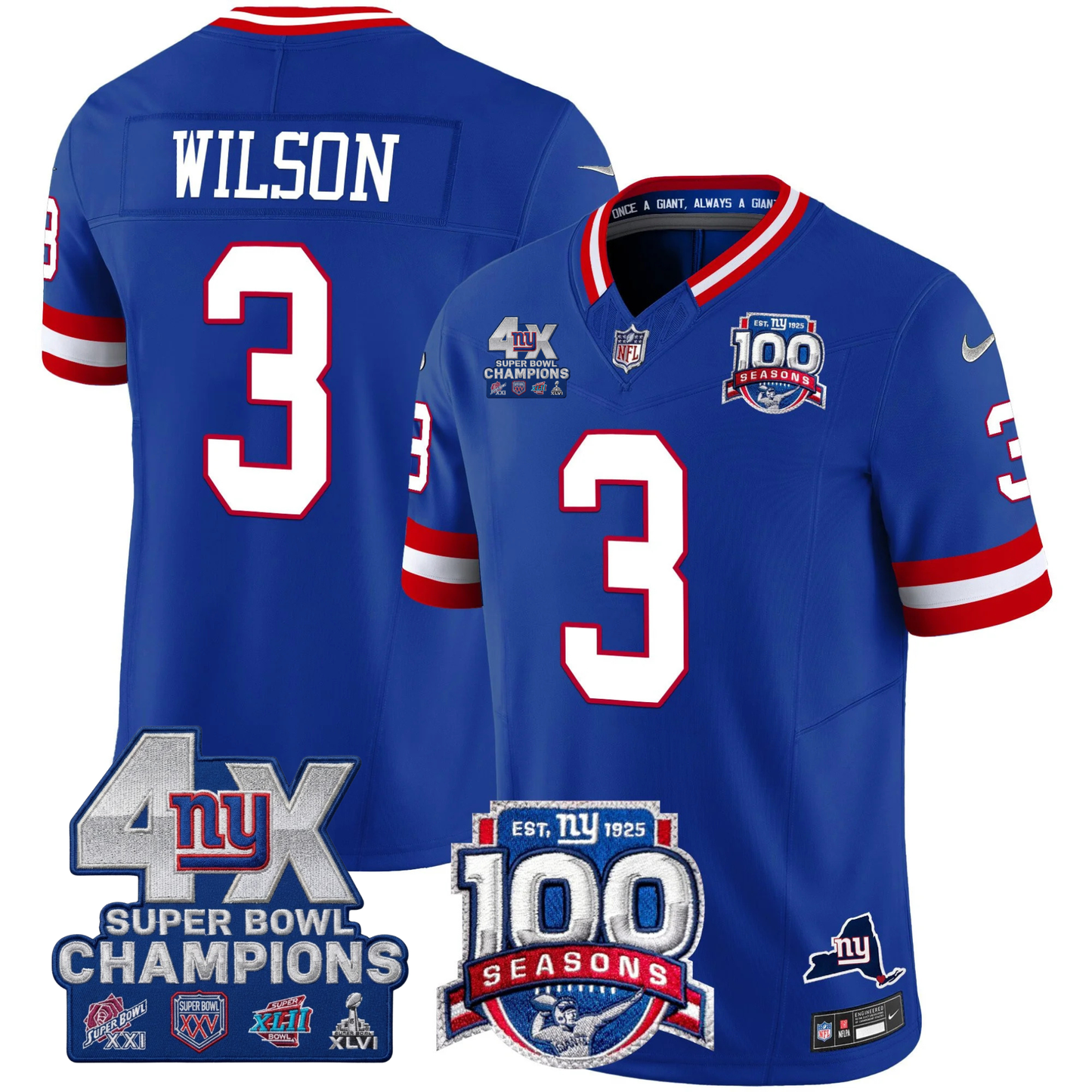 New York Giants 4X Champions & 100th Season Patch Vapor Limited Jersey - All Stitched