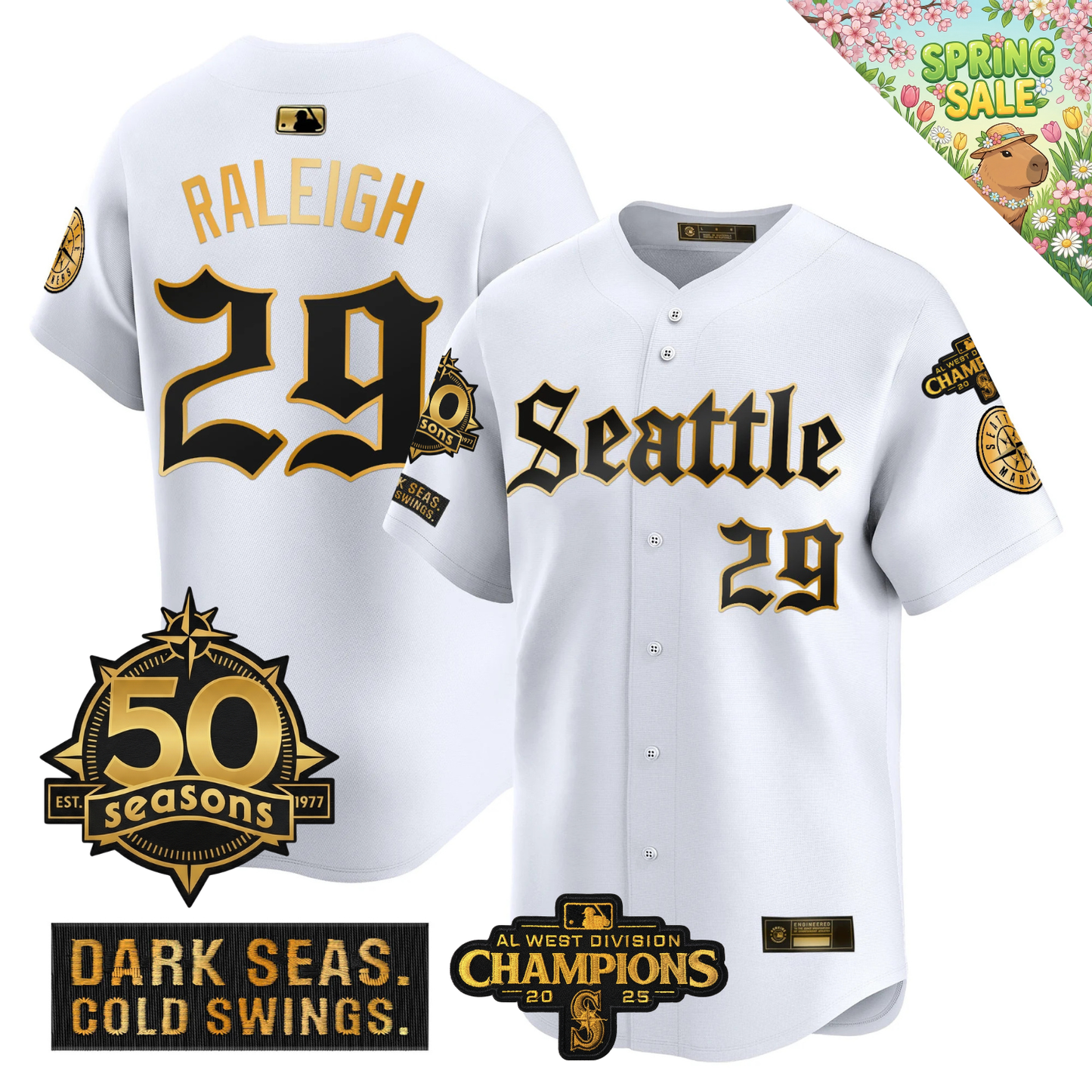 SEA Vapor Limited Gold Jersey - 50th Anniversary & 2025 AL West Champs Patch - All Stitched