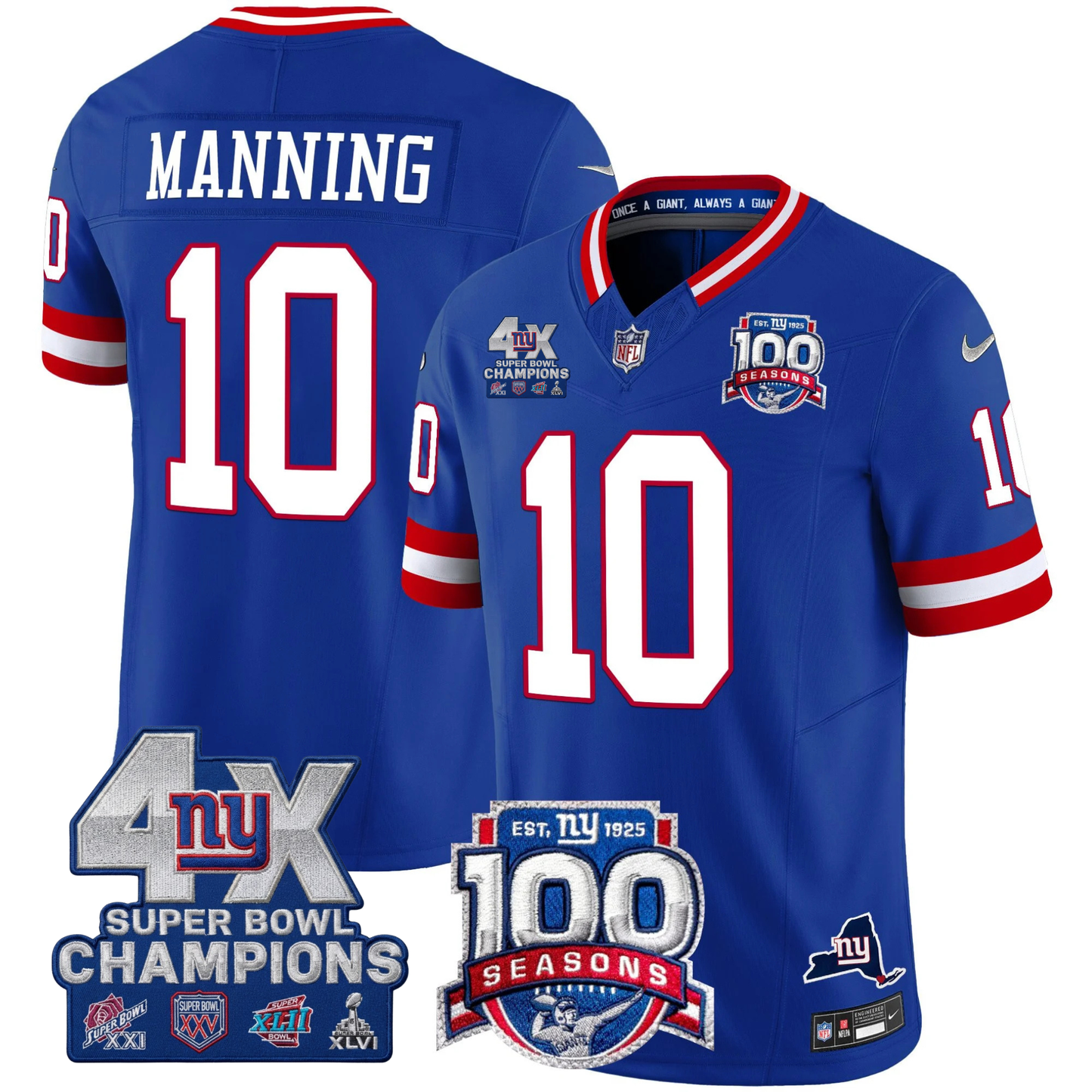 New York Giants 4X Champions & 100th Season Patch Vapor Limited Jersey - All Stitched