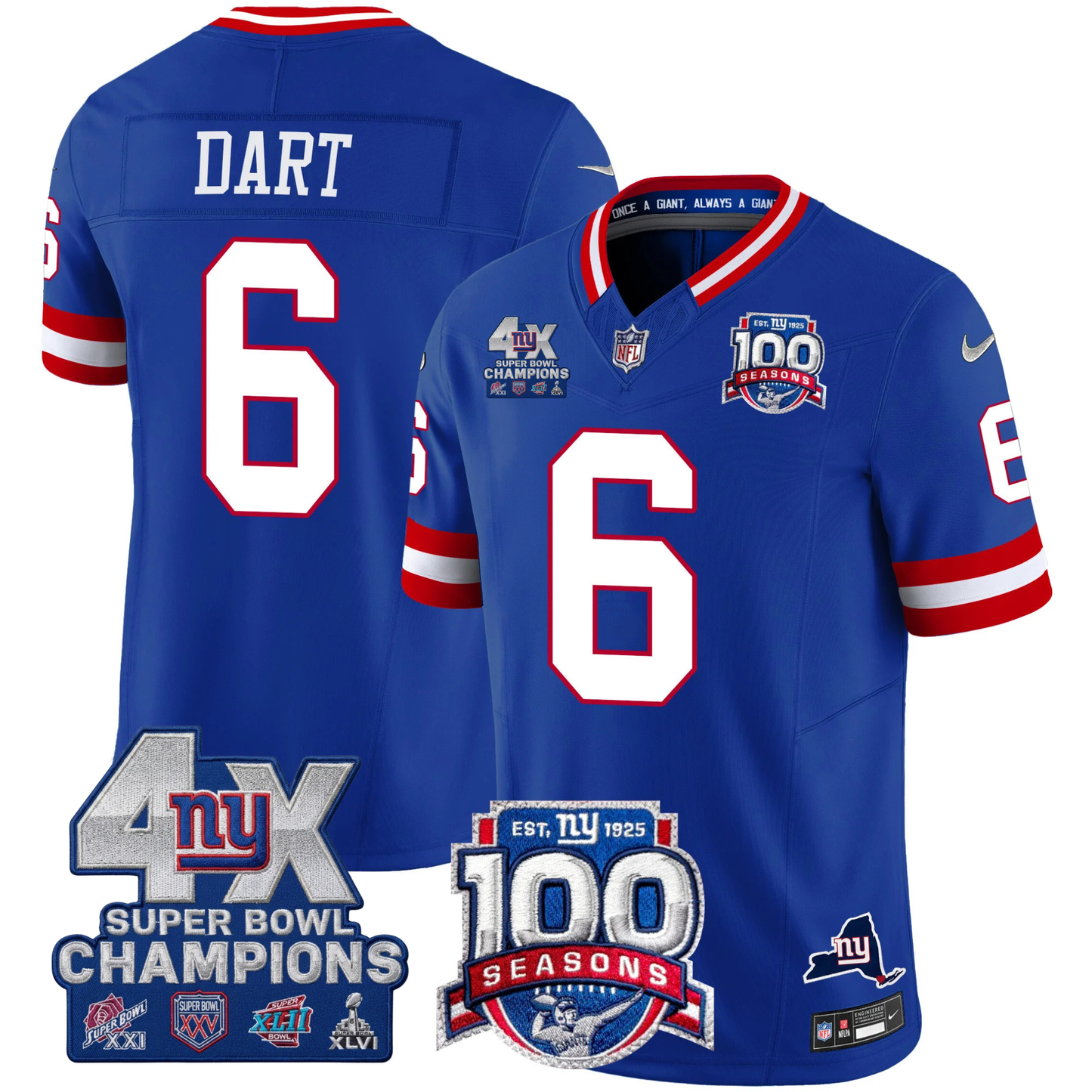 New York Giants 4X Champions & 100th Season Patch Vapor Limited Jersey - All Stitched