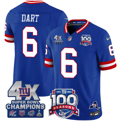 New York Giants 4X Champions & 100th Season Patch Vapor Limited Jersey - All Stitched