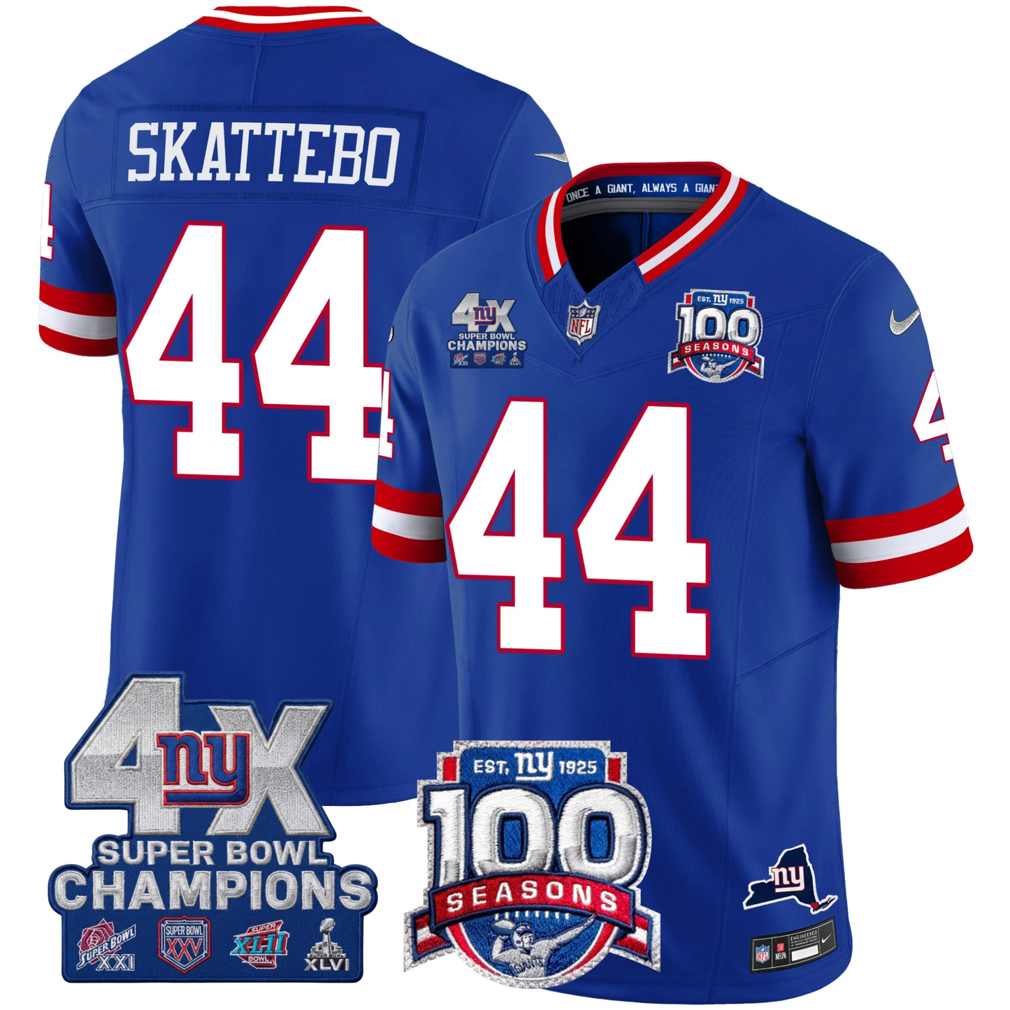 New York Giants 4X Champions & 100th Season Patch Vapor Limited Jersey - All Stitched