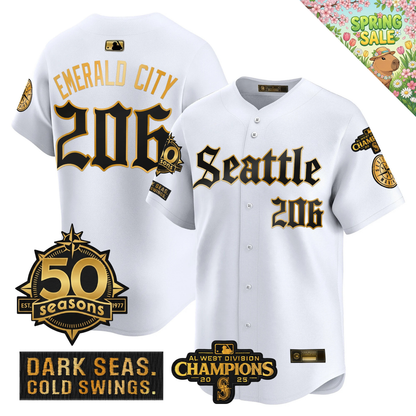 SEA Vapor Limited Gold Jersey - 50th Anniversary & 2025 AL West Champs Patch - All Stitched