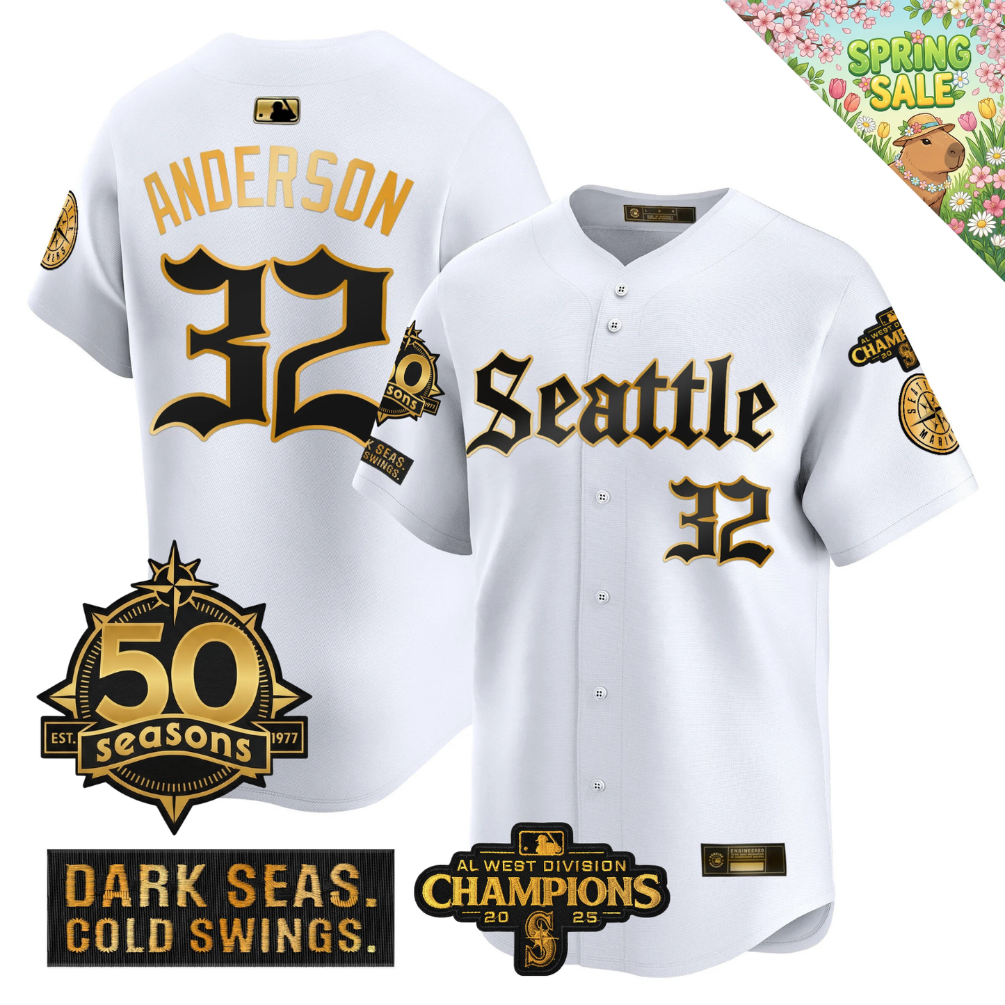 SEA Vapor Limited Gold Jersey - 50th Anniversary & 2025 AL West Champs Patch - All Stitched