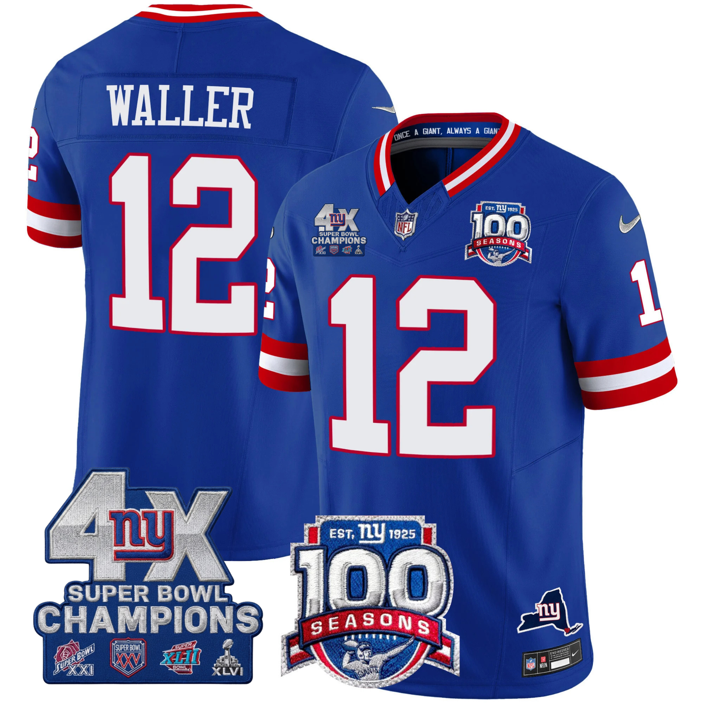 New York Giants 4X Champions & 100th Season Patch Vapor Limited Jersey - All Stitched