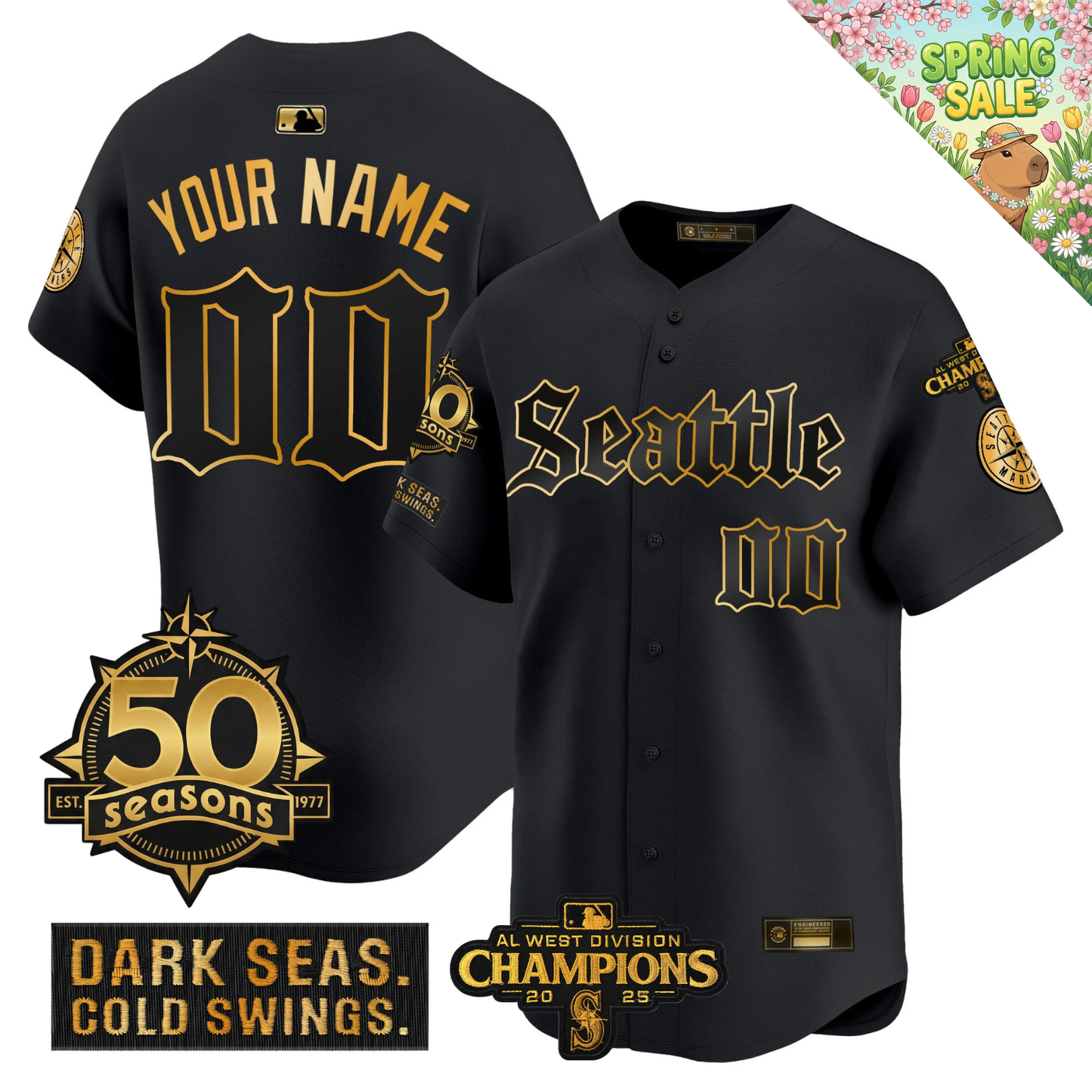 SEA Vapor Limited Gold Jersey - 50th Anniversary & 2025 AL West Champs Patch - All Stitched