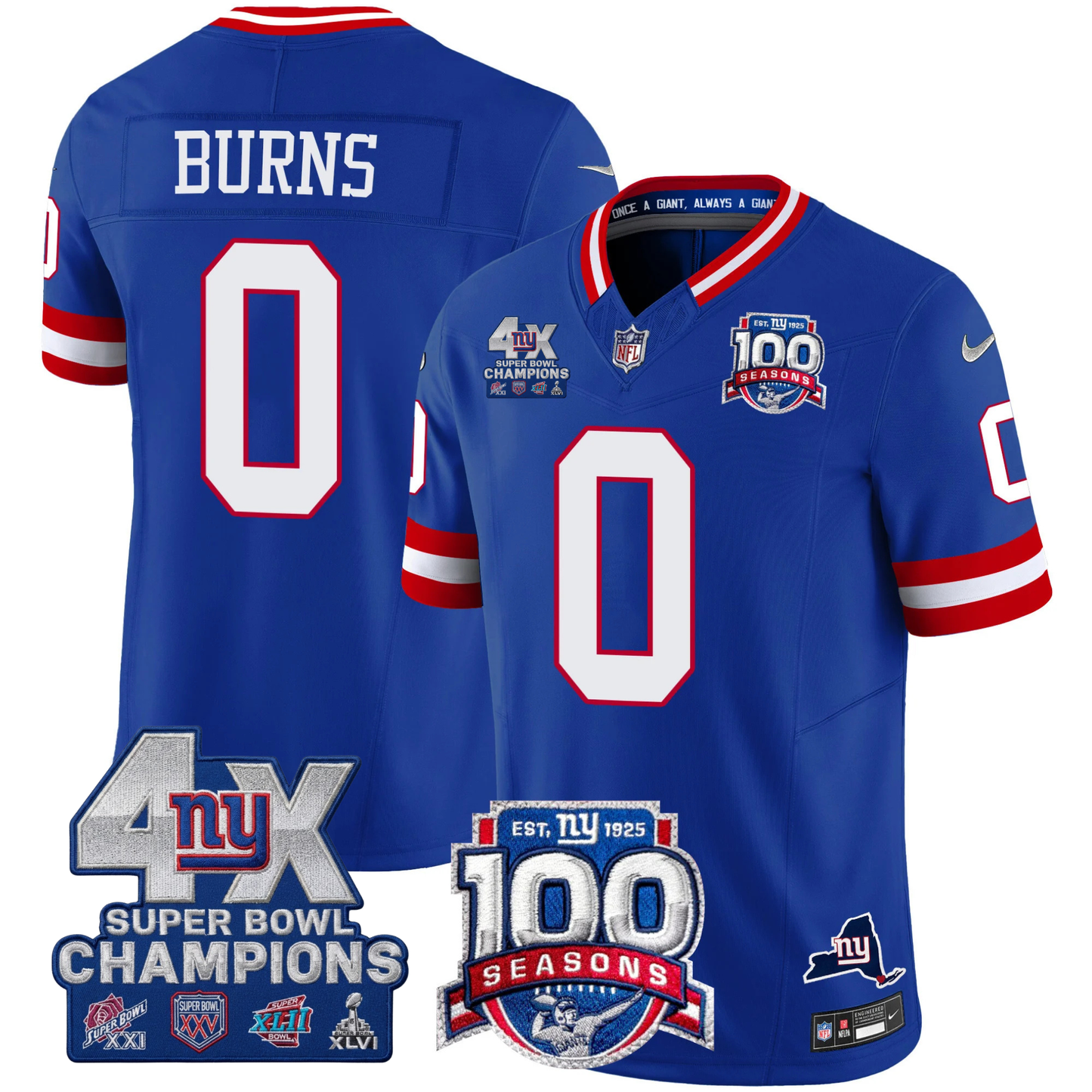 New York Giants 4X Champions & 100th Season Patch Vapor Limited Jersey - All Stitched