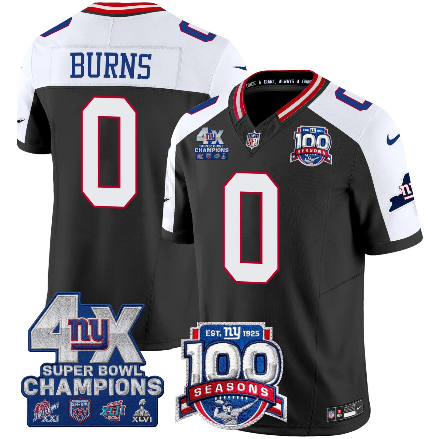 New York Giants 4X Champions & 100th Season Patch Vapor Limited Jersey - All Stitched