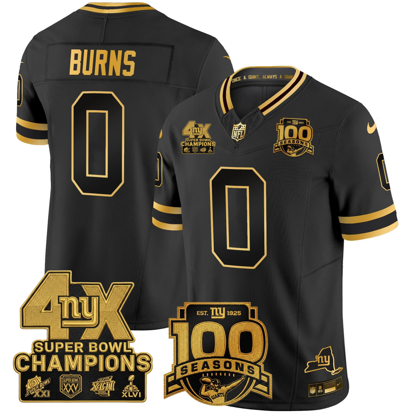 New York Giants 4X Champions & 100th Season Patch Vapor Limited Jersey - All Stitched