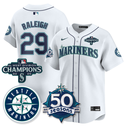 SEA Vapor Premier Limited Jersey - 50th Anniversary & AL West Division Champions - All Stitched White / Cal Raleigh - 29