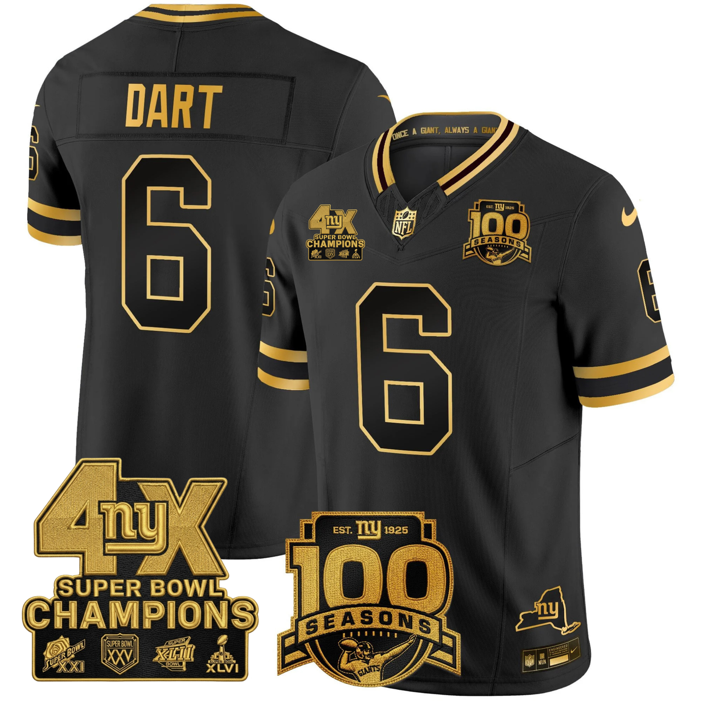 New York Giants 4X Champions & 100th Season Patch Vapor Limited Jersey - All Stitched