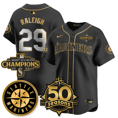 SEA Vapor Premier Limited Jersey - 50th Anniversary & AL West Division Champions - All Stitched Black Gold / Cal