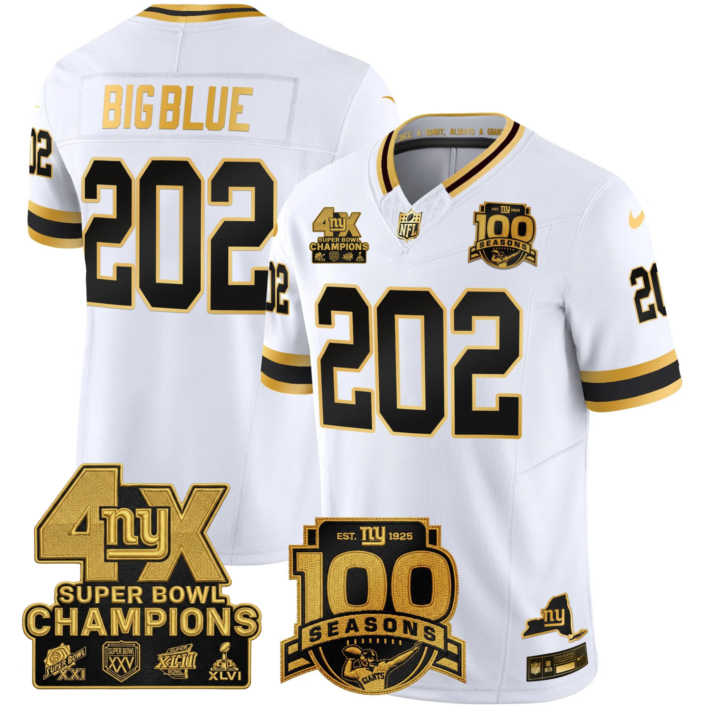 New York Giants 4X Champions & 100th Season Patch Vapor Limited Jersey - All Stitched