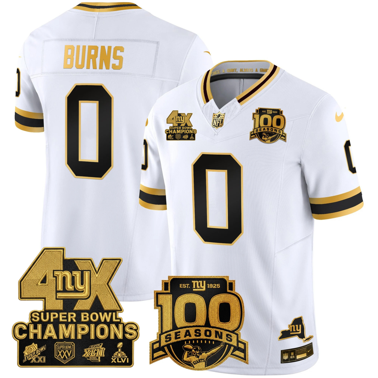 New York Giants 4X Champions & 100th Season Patch Vapor Limited Jersey - All Stitched