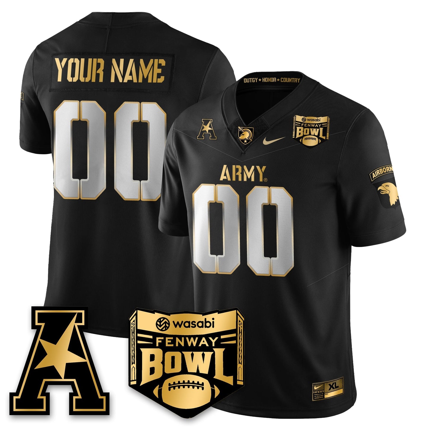 Custom Army Black Knights Football 2025 Fenway Bowl Gold Jersey - All Stitched