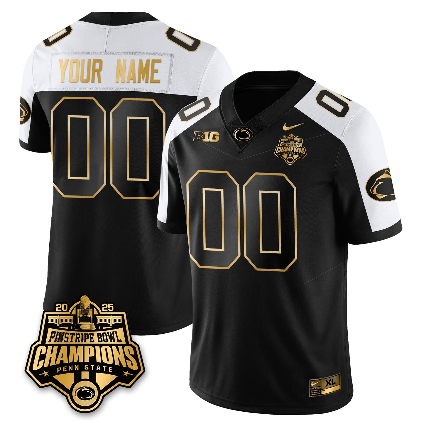 Custom PSU Football 2025 Pinstripe Bowl Champions Gold Jersey - All Stitched