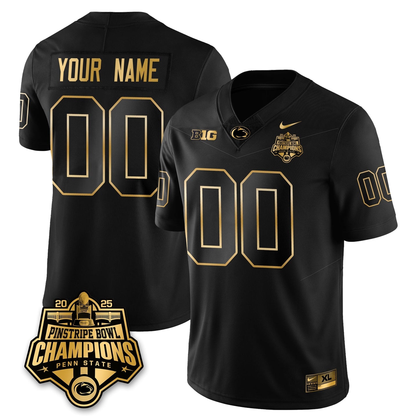 Custom PSU Football 2025 Pinstripe Bowl Champions Gold Jersey - All Stitched