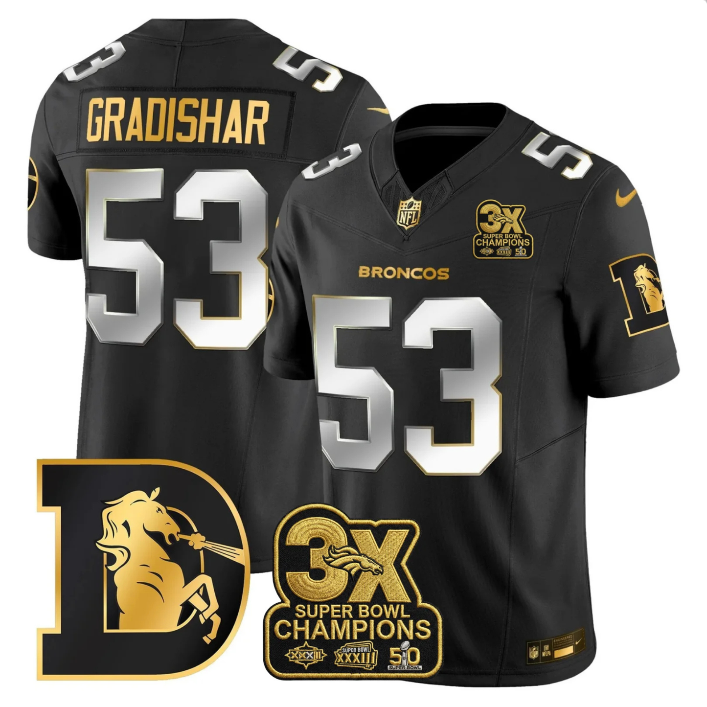 DEN 3x Champions Patch Throwback Gold Vapor Limited Jersey - Stitched