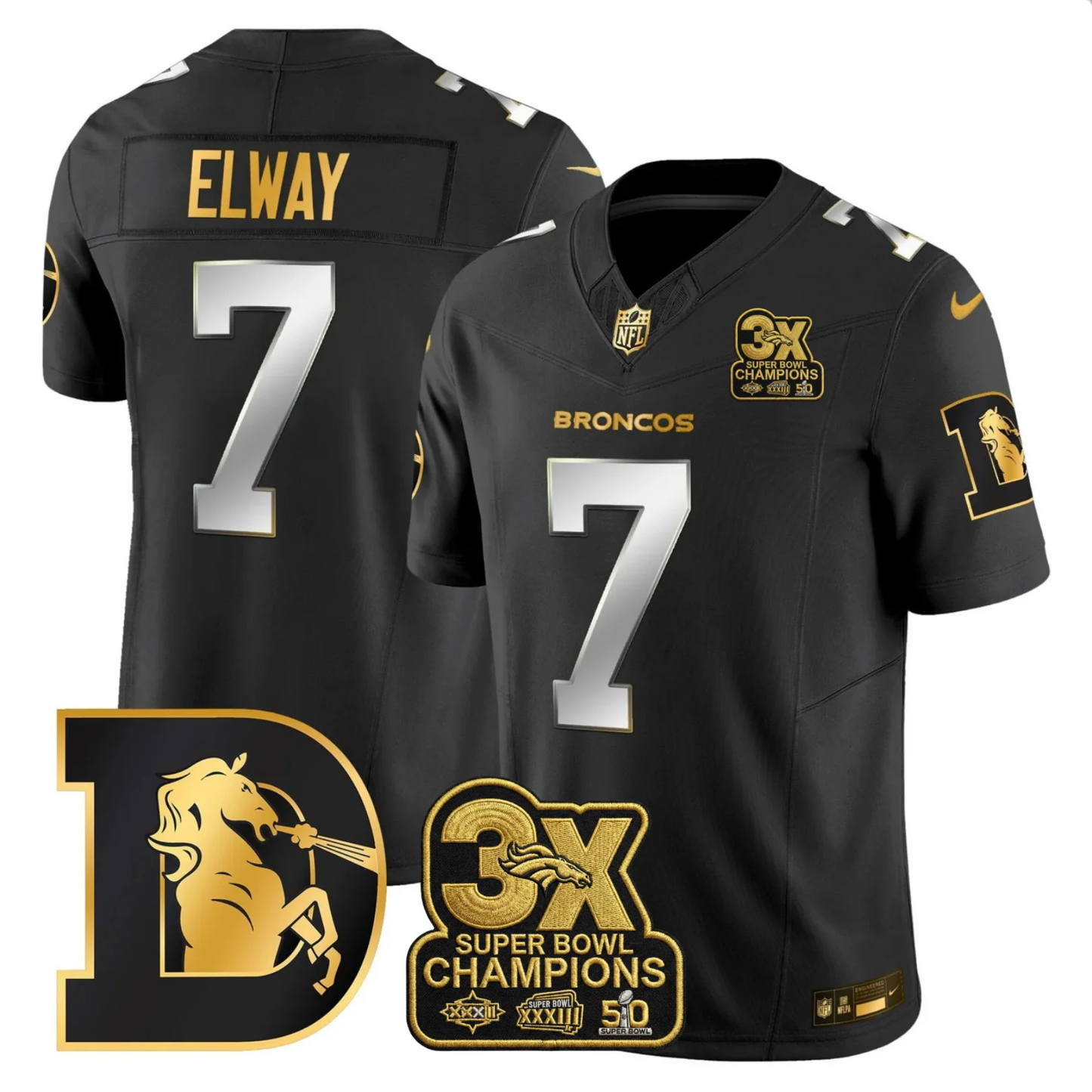 DEN 3x Champions Patch Throwback Gold Vapor Limited Jersey - Stitched