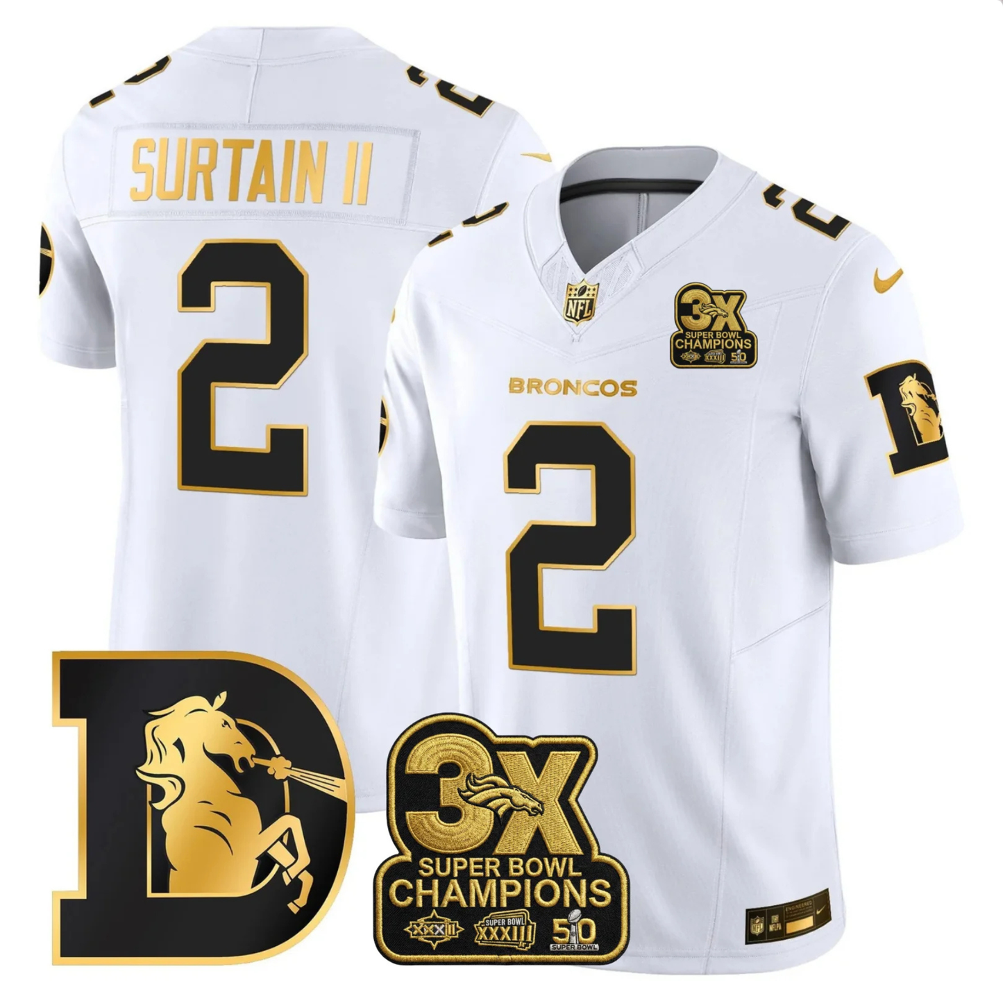 DEN 3x Champions Patch Throwback Gold Vapor Limited Jersey - Stitched