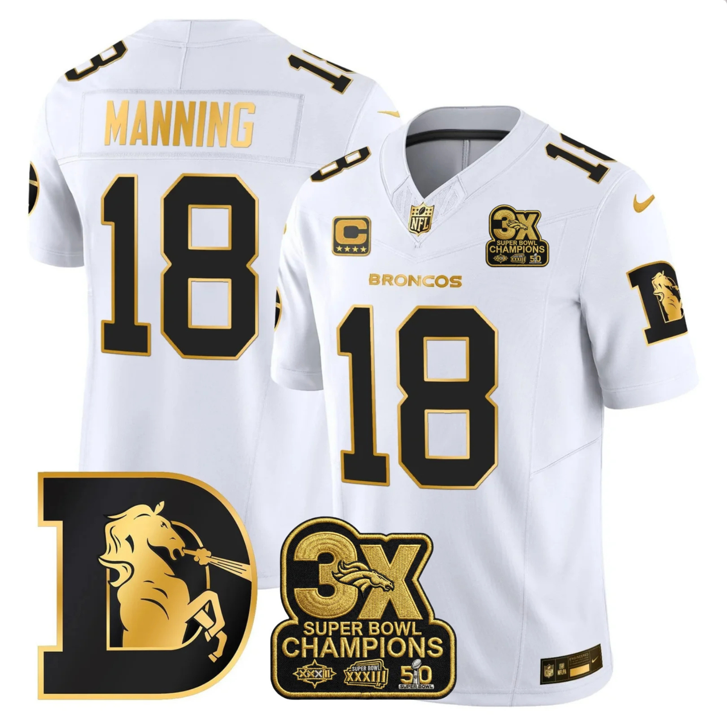 DEN 3x Champions Patch Throwback Gold Vapor Limited Jersey - Stitched