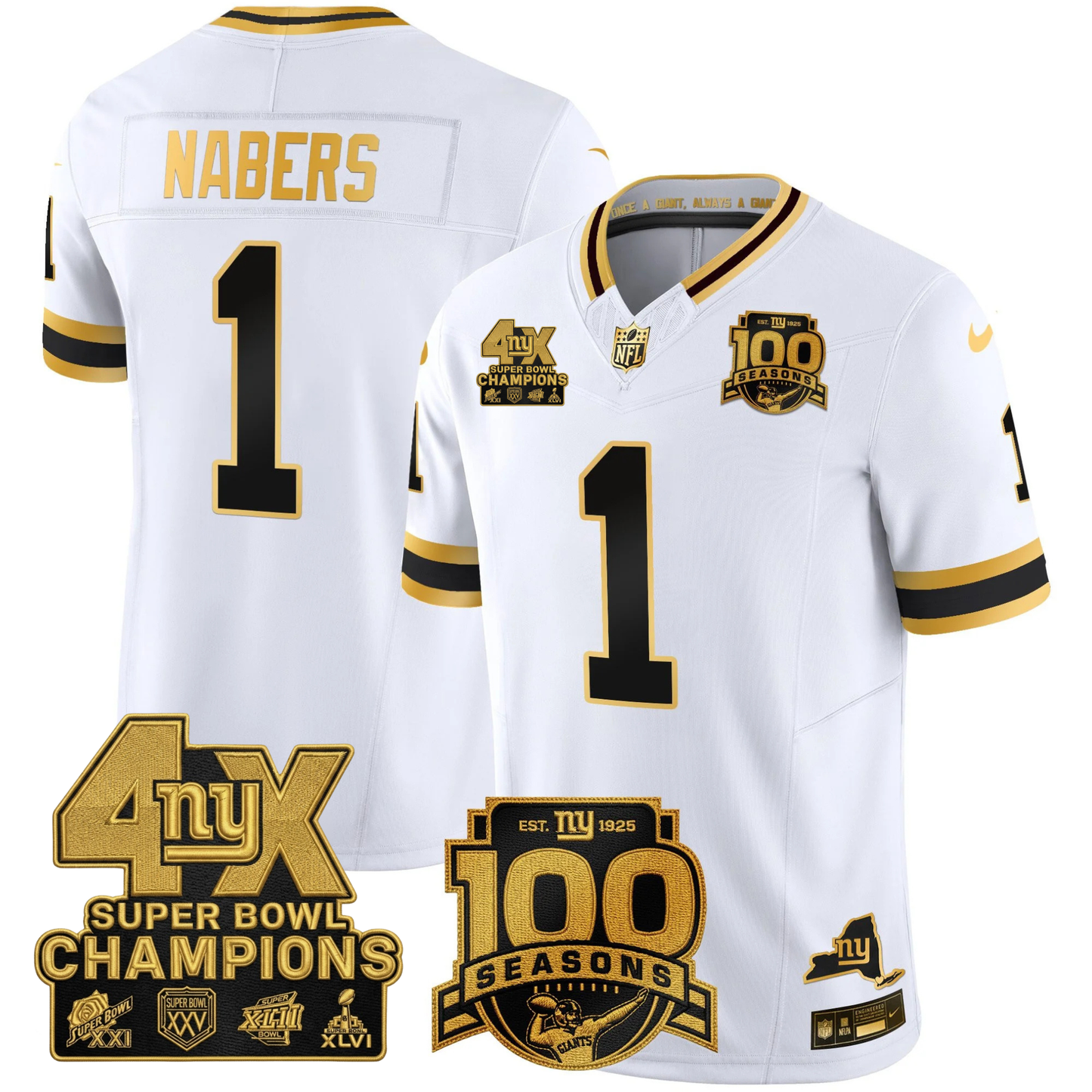 New York Giants 4X Champions & 100th Season Patch Vapor Limited Jersey - All Stitched
