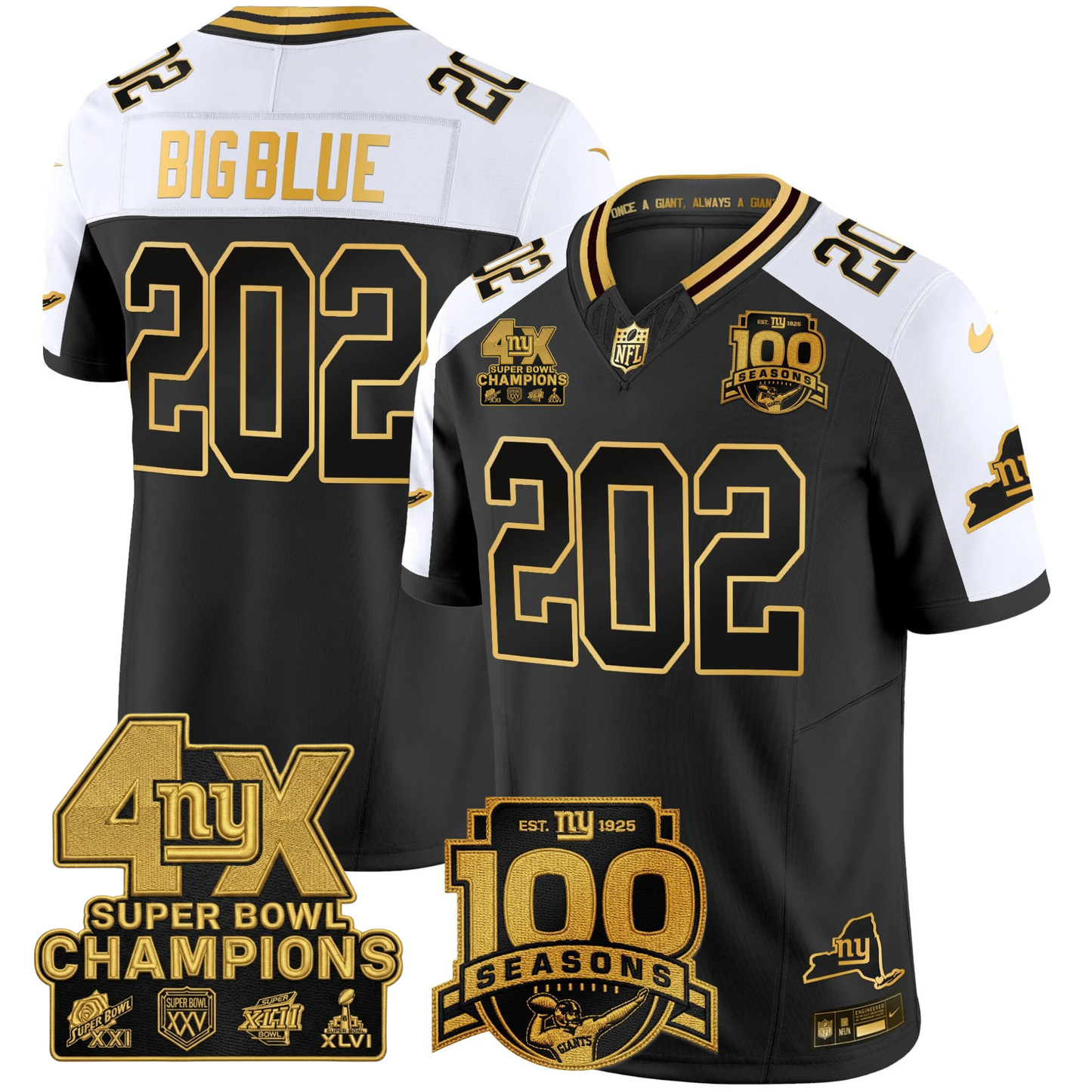 New York Giants 4X Champions & 100th Season Patch Vapor Limited Jersey - All Stitched