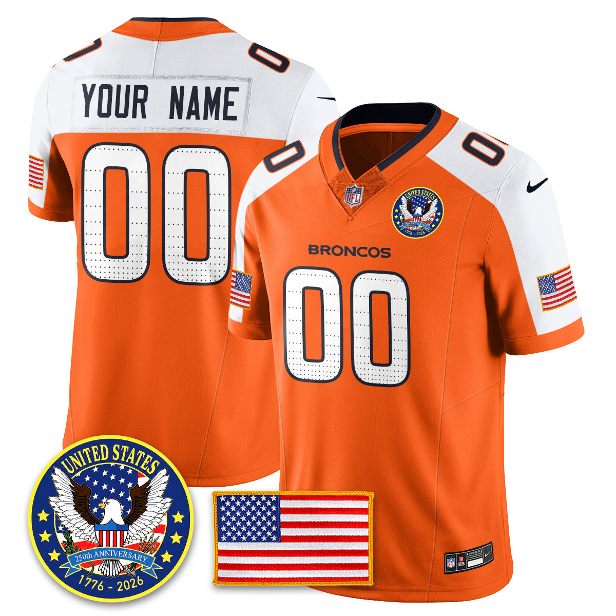 Custom Denver Broncos "United States 250th Anniversary Patch" Vapor Limited Jersey - All Stitched