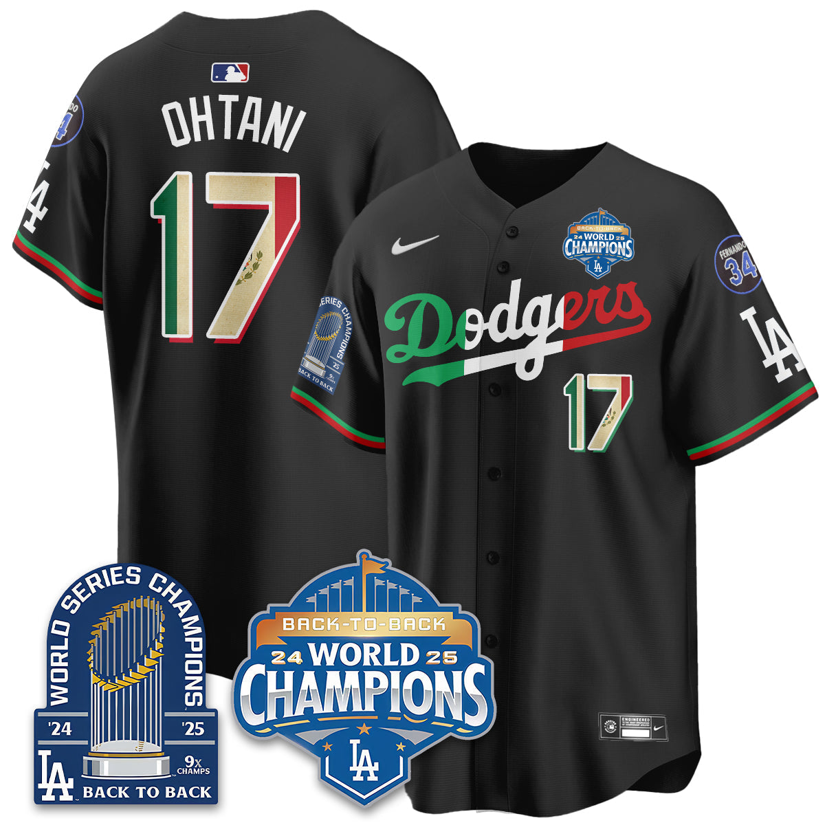 LAD Black Flag Mexico World Series Champions Jersey - 9x Champs - All Stitched