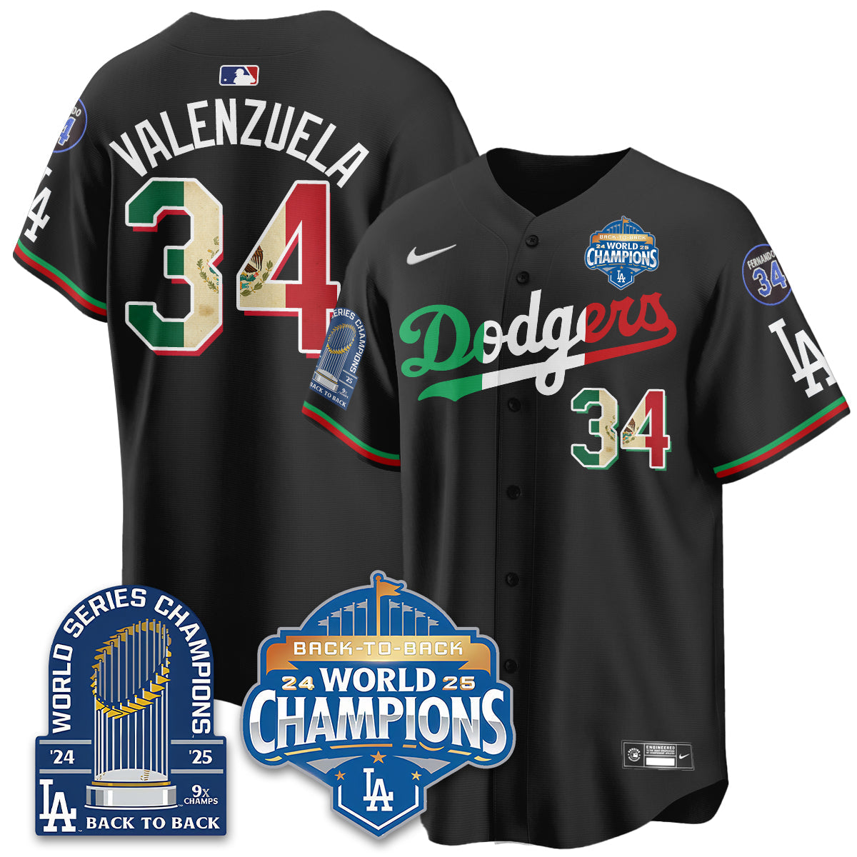 LAD Black Flag Mexico World Series Champions Jersey - 9x Champs - All Stitched